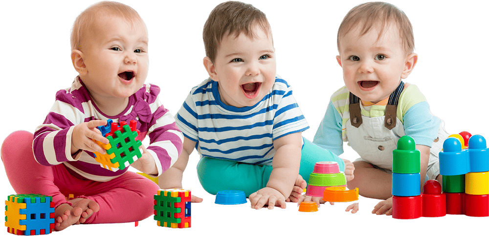 Three babies are happily playing with a variety of colorful blocks.